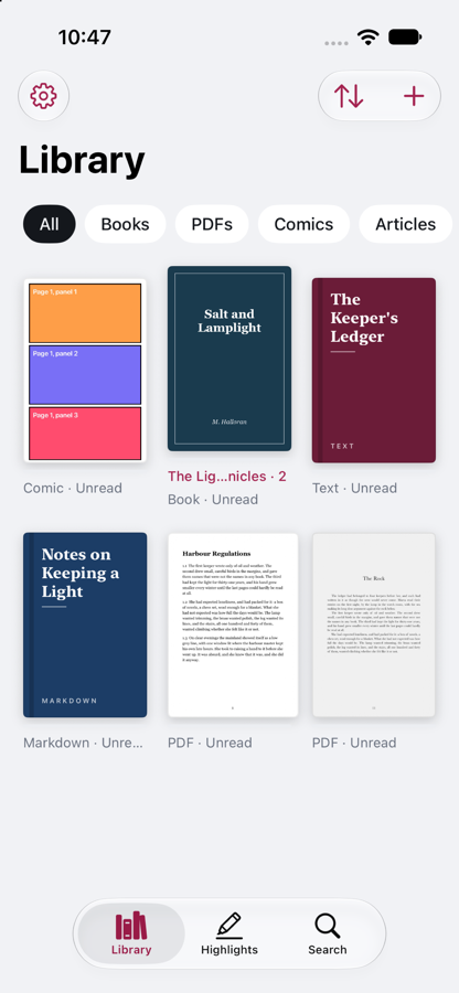 The library: the book to continue, then covers with their progress.