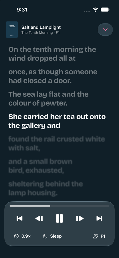 The listening view: the sentence being read is lit, the rest dimmed, with the player below.
