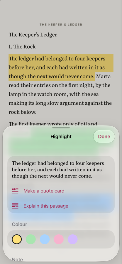 A highlight on the page in yellow, with a note being written beneath the quote.