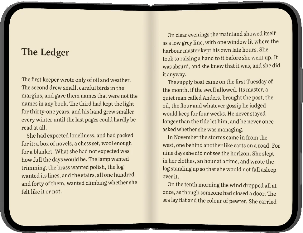 The iPhone Duo open: two facing pages of the same book, the spine on the fold.